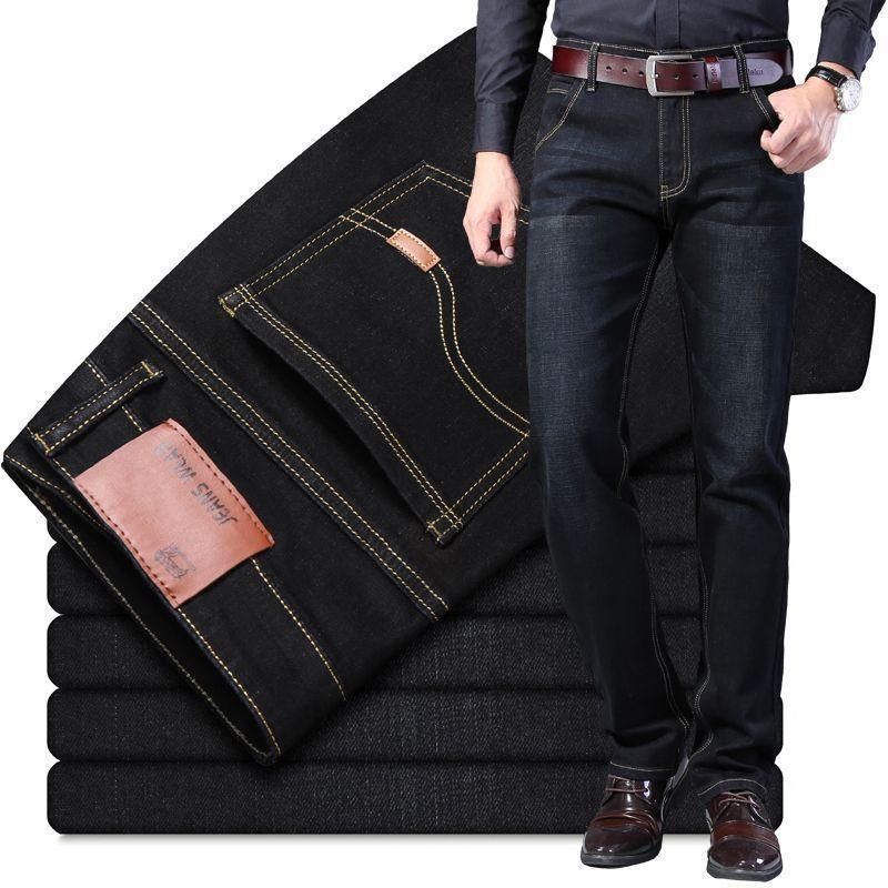 Winter Fleece-Lined Thickened Jeans Men'S High Waist Straight Loose Casual Elastic Outer Wearing Warm Pants - Image 1